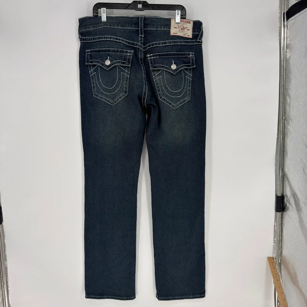 True Religion Ricky Relaxed Straight Dark Wash Contrast Stitch Jeans Mens 36